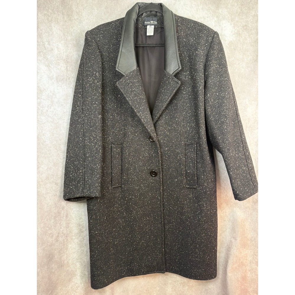 VTG 90s Hunters Run Women 100% Wool Trench Coat Leather Trim Heathered Black  11